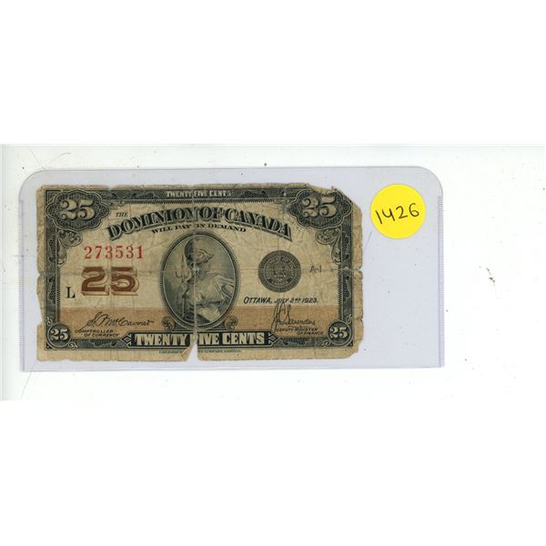 1923 Dominion Of Canada Twenty Five Cent Shinplaster Bank Note