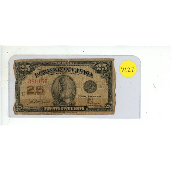 1923 Dominion Of Canada Twenty Five Cent Shinplaster Bank Note