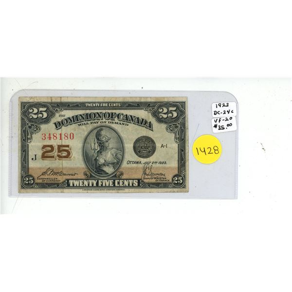 1923 Dominion Of Canada Twenty Five Cent Shinplaster Bank Note