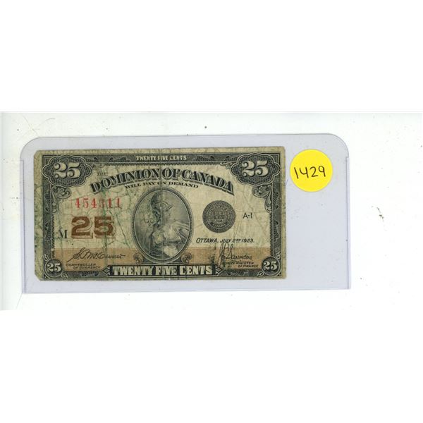 1923 Dominion Of Canada Twenty Five Cent Shinplaster Bank Note