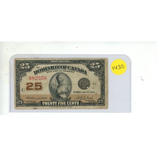 1923 Dominion Of Canada Twenty Five Cent Shinplaster Bank Note