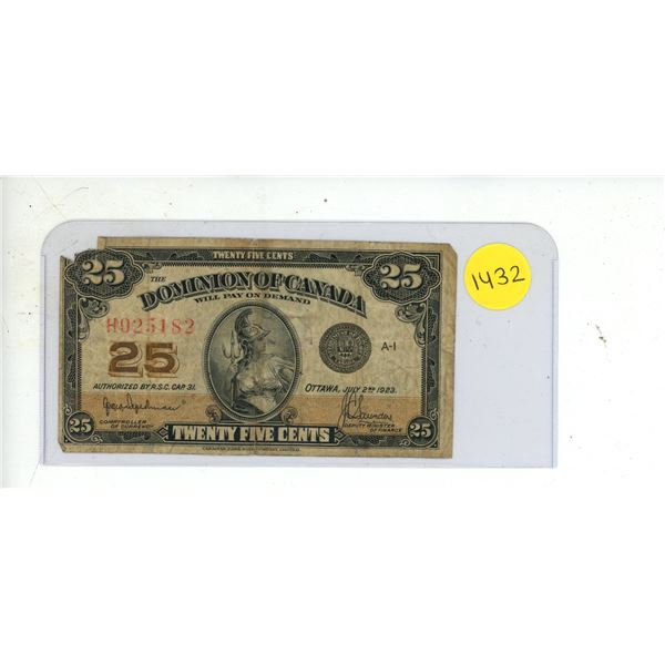 1923 Dominion Of Canada Twenty Five Cent Shinplaster Bank Note