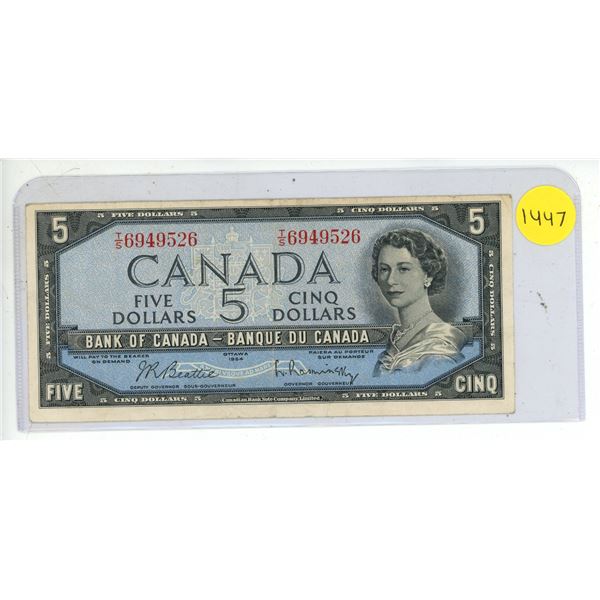 1954 Bank Of Canada Five Dollar Bank Note