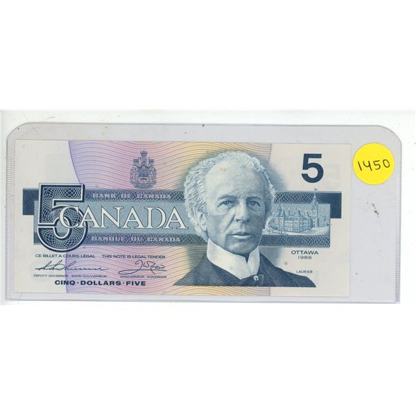 1986 Bank Of Canada Five Dollar Bank Note