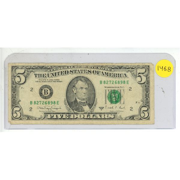 1988 USA Five Dollar Bank Note