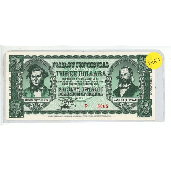 1974 Paisley Centennial Three Dollar Note
