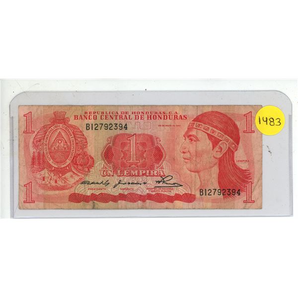 1980 Bank Of Honduras One Lempira Note