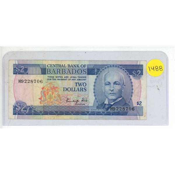 1980 Central Bank Of Barbados Two Dollar Note