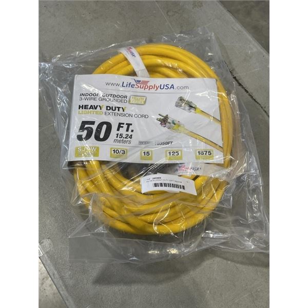 AS NEW HEAVY DUTY 50FT INDOOR OUTDOOR 3 WIRE GROUNDED ELECTRICAL CORD, YELLOW 10AWG