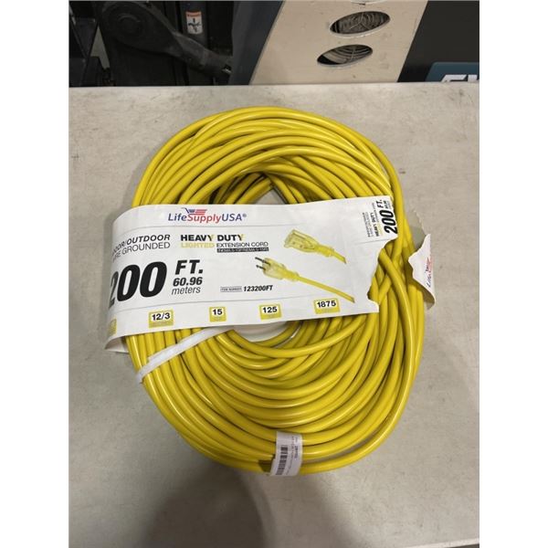 AS NEW HEAVY DUTY 200FT INDOOR OUTDOOR 3 WIRE GROUNDED ELECTRICAL CORD, YELLOW 12AWG