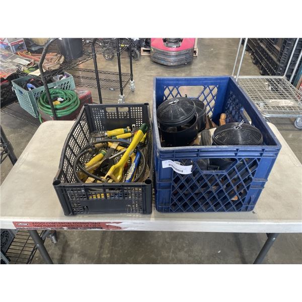TWO TOTES WITH MASONRY TOOLS, HAND TOOLS AND A TORCH