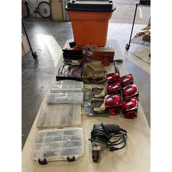 LARGE TOTE OF ASSORTED TOOLS AND HARDWARE