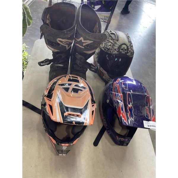 SIZE 8 MOTORCROSS BOOTS AND 3 HELMETS