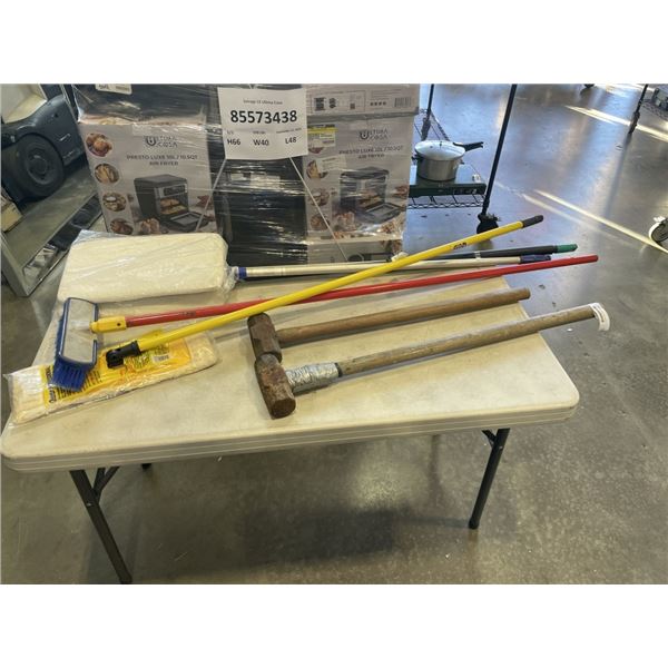 TWO SLEDGE HAMMERS AND HANDLED BRUSH AND TWO MOPS
