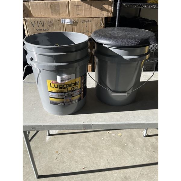 RELIANCE LUGGABLE LOO AND EXTRA BUCKET WITH NEW SAFETY GOGGLES AND CPR MASKS