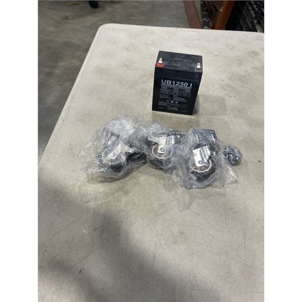 NEW SET OF MINI CASTERS AND 12V UNIVERSAL BATTERY