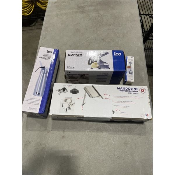 LOT OF NEW KITCHEN ITEMS FRENCH FRY CUTTER WHIPPING CREAM DISPENSER MANDOLINE AND EGG TOPPER