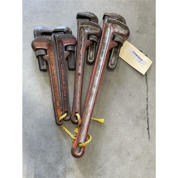 4 PIPE WRENCHES. 3 ARE RIDGED. LONGEST IS 24"
