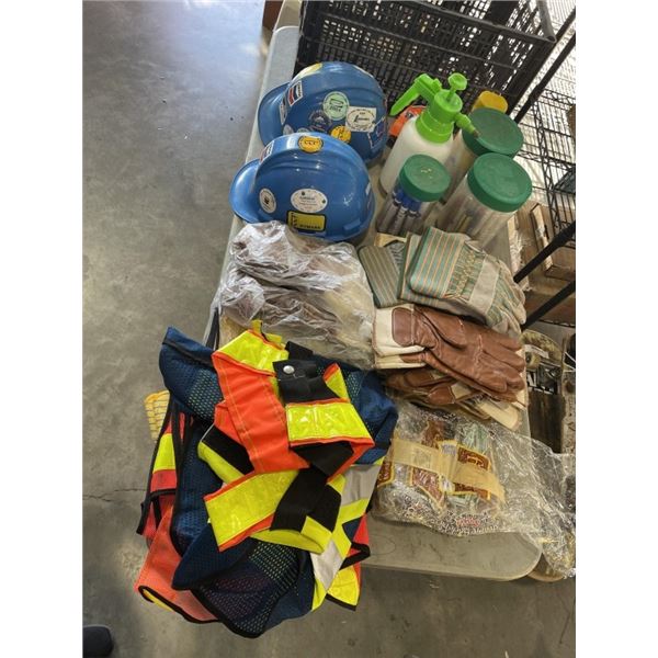 2 TOTES WITH WORK GLOVES, SAFETY GEAR, HARD HATS ETC