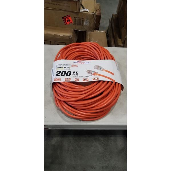 AS NEW HEAVY DUTY 200FT INDOOR OUTDOOR 3 WIRE GROUNDED ELECTRICAL CORD, ORANGE 12AWG