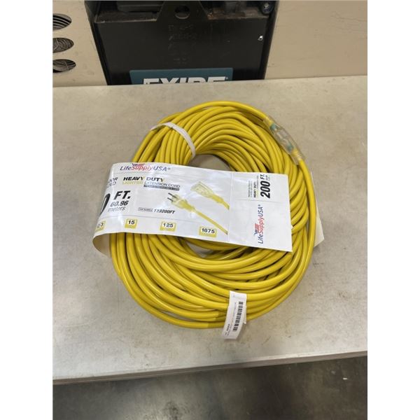 AS NEW HEAVY DUTY 200FT INDOOR OUTDOOR 3 WIRE GROUNDED ELECTRICAL CORD, YELLOW 12AWG