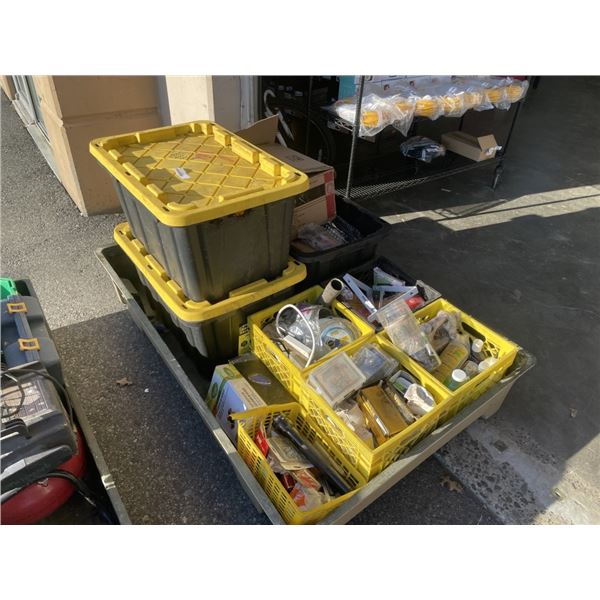 PALLET BIN OF ASSORTED TOOLS, HARDWARE AND MORE, MUST TAKE ALL, BIN INCLUDED