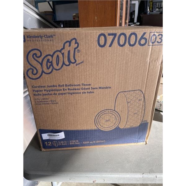 NEW CASE OF SCOTT CORELESS JUMBO ROLL BATHROOM TISSUE, 12 ROLLS OF 1150FT EACH, 2 PLY WHITE