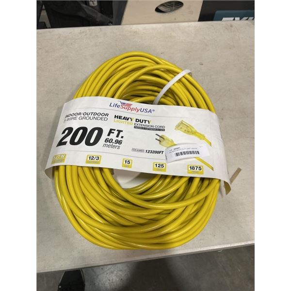 AS NEW HEAVY DUTY 200FT INDOOR OUTDOOR 3 WIRE GROUNDED ELECTRICAL CORD, YELLOW 12AWG