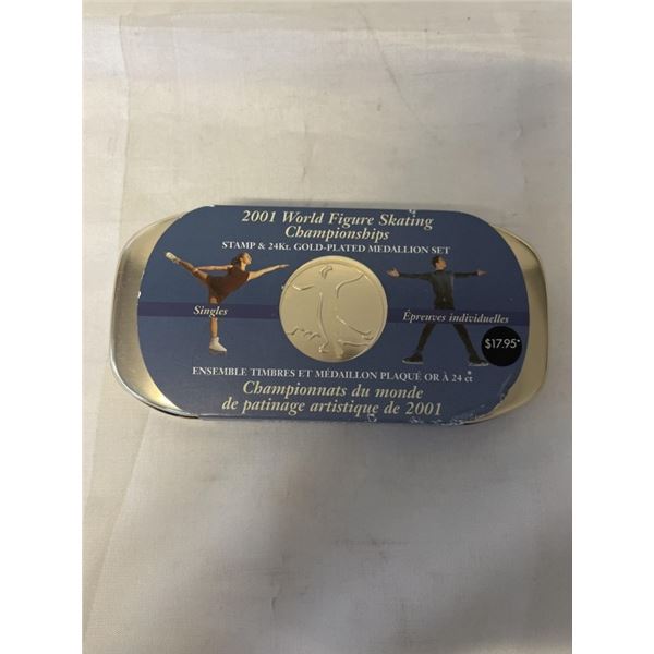 2001 24K GOLD PLATED WORLD FIGURE SKATING CHAMPIONSHIPS MEDALLION AND STAMP SET