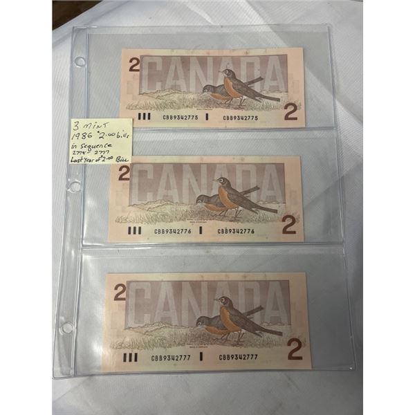 3 MINT 1986 CANADIAN $2 BILLS IN SEQUENCE 2775-2777 LAST YEAR OF $2 BILL