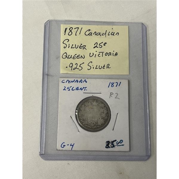 1871 CANADIAN SILVER 25 CENT, QUEEN VICTORIA .925 SILVER
