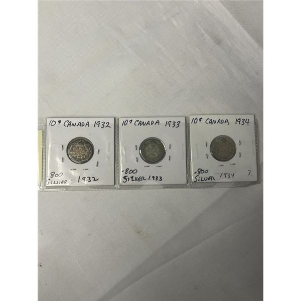 3 CANADIAN KING GEORGE V LOW MINTAGE SILVER 10 CENT 1932, 1933, 1934 .800 SILVER