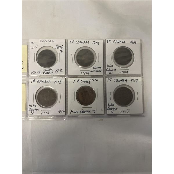 6 CANADIAN LARGE CENTS QUEEN VICTORIA, KING EDWARD VII AND KING GEORGE V