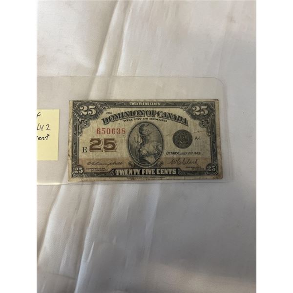 1923 DOMINION OF CANADA 25 CENT BILL, JULY 2 1923