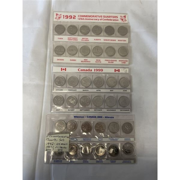 3 COMMEMORATIVE QUARTER SETS, CANADIAN 125TH ANNIVERSARY AND 2 MILLENIUM COIN SETS