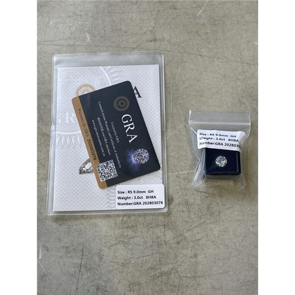 NEW 3.0 CARAT MOISSANITE LAB DIAMOND, ROUND BRILLIANT CUT, GH-VVS1, GRA REPORT, TESTS POSITIVE W/ DI