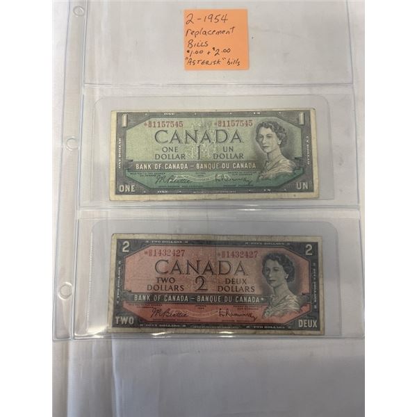 2 - 1954 CANADIAN REPLACEMENT BILLS $1, $2 ASTERISK BILLS