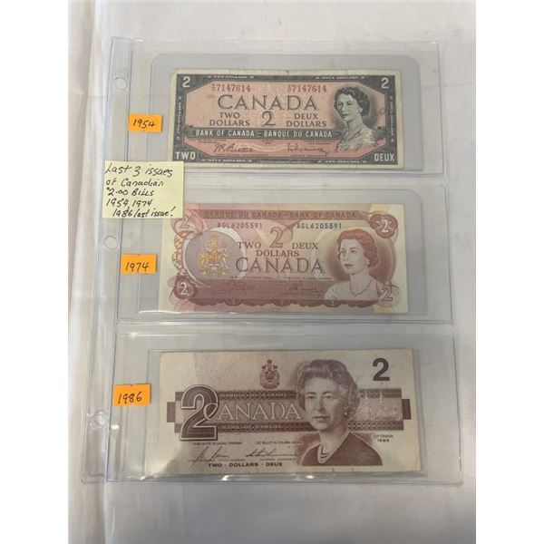 LAST 3 ISSUES OF CANADIAN $2 BILLS - 1954, 1974, 1986