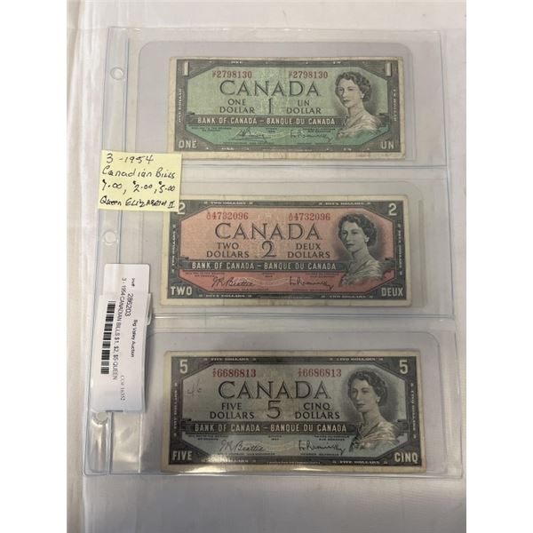 3 - 1954 CANADIAN BILLS $1, $2, $5 QUEEN ELIZABETH II