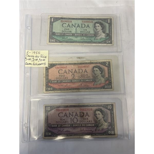 3 - 1954 CANADIAN BILLS $1, $2, $10 - QUEEN ELIZABETH II