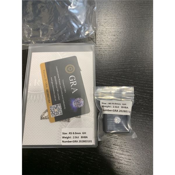 NEW 2.0 CARAT MOISSANITE LAB DIAMOND, ROUND BRILLIANT CUT, GH-VVS1, GRA REPORT, TESTS POSITIVE W/ DI