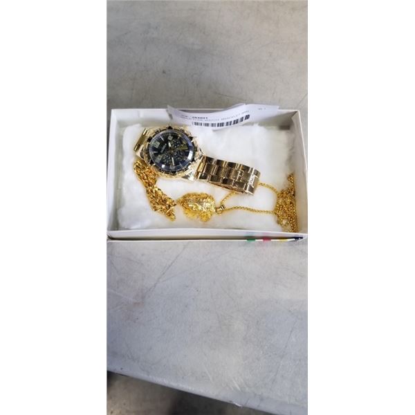 GOLD TONE WATCH, BRACELET AND NECLACE WITH PENDANT SET