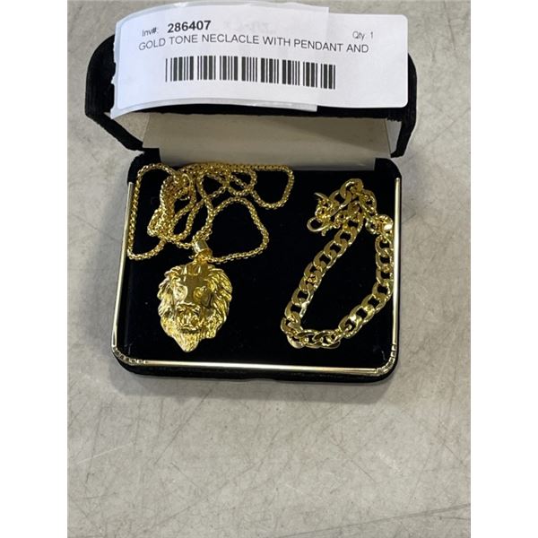 GOLD TONE NECLACLE WITH PENDANT AND BRACELET