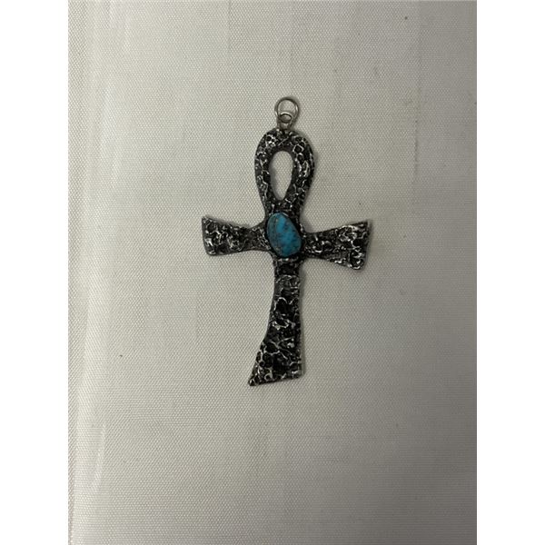VINTAGE STERLING SILVER CROSS W/ GENUINE TURQUOISE STONE PENDANT 2.5" L, 1.5" W