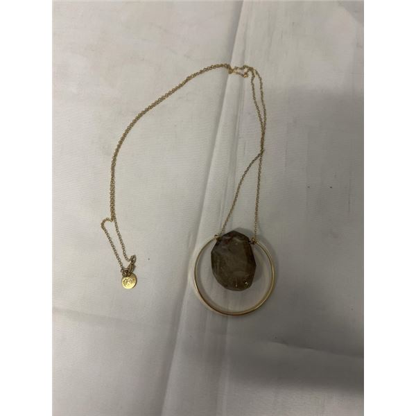 NATURALLY ROCK CRYSTAL STONE PENDANT W/ LONG GOLD FILLED CHAIN NECKLACE 31" LENGTH MARKED SM
