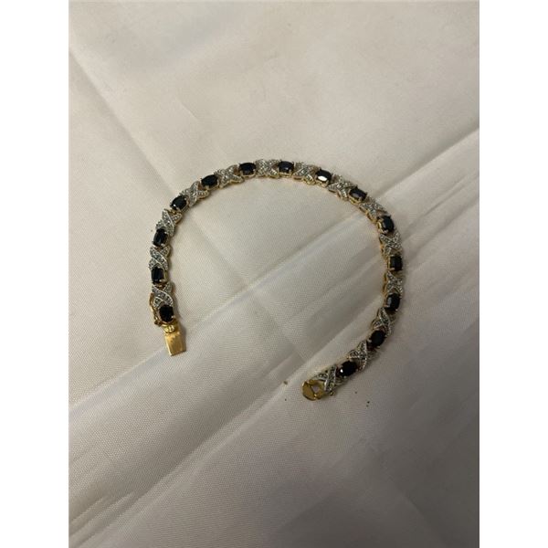 GOLD PLATED TENNIS BRACELET W/ BLUE SAPPHIRE STONES AND GENUINE DIAMONDS 7.5" LENGTH, SAFETY LOCK, U