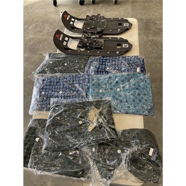 7 NEW PAJAMA SETS AND PAIR OF SNOW SHOE FRAMES