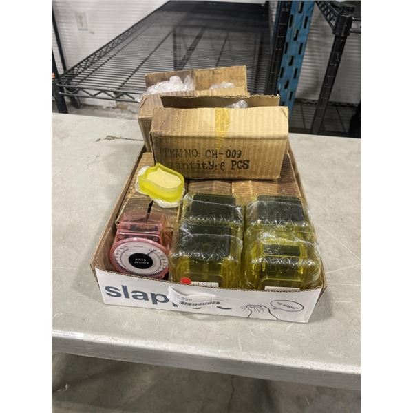 TRAY OF NEW TEA LIGHT CANDLES AND KITCHEN SCALES