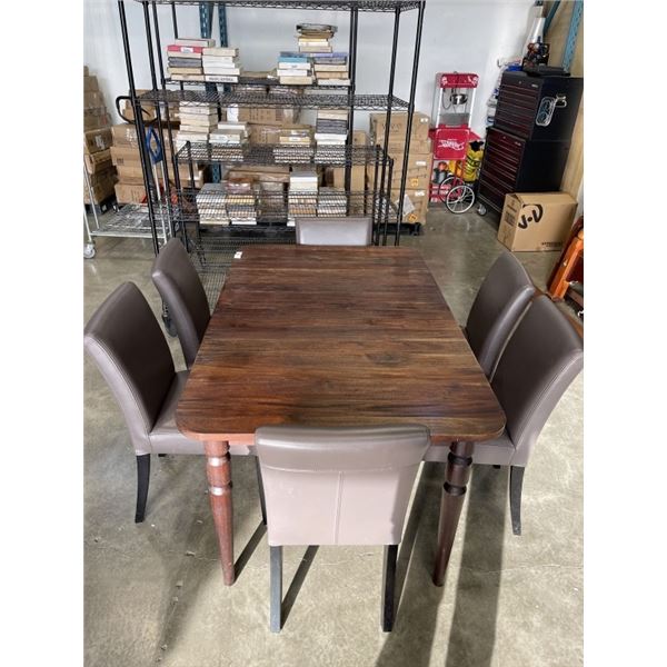 WOOD DINGING TABLE W/ 6 GREY DINING CHAIRS