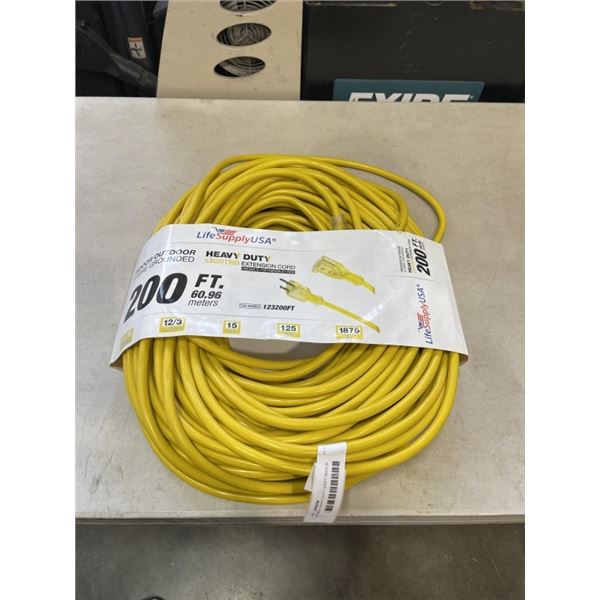 AS NEW HEAVY DUTY 200FT INDOOR OUTDOOR 3 WIRE GROUNDED ELECTRICAL CORD, YELLOW 12AWG